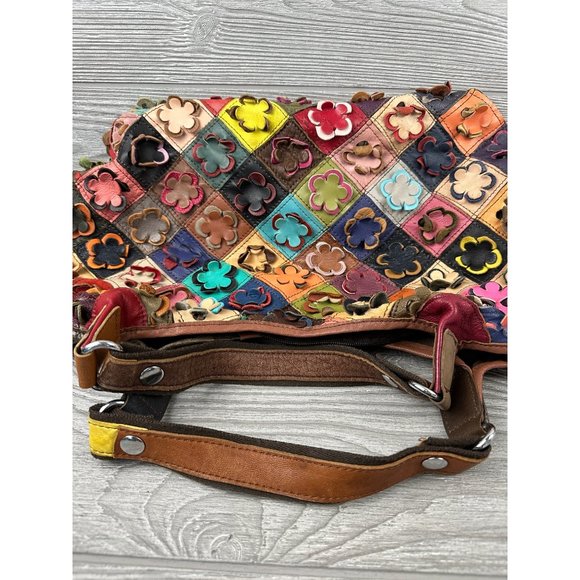 Multi Color Flower Genuine Leather Hobo Handbag Purse - Picture 4 of 9